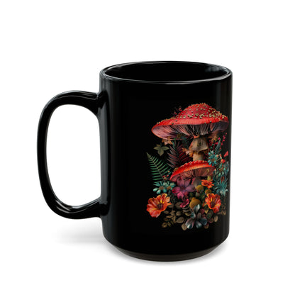 Magic Mushroom Coffee Mug, Black Coffee Mug, Red Mushroom and Flowers, Red Todstool Mushroom, (11oz, 15oz) - Homevalley.co.uk