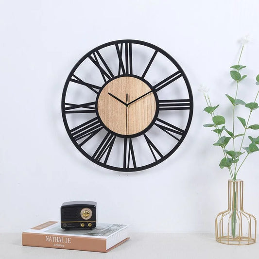 Metal and Wood Grain Retro Wall Clock with Roman Numerals - Homevalley.co.uk