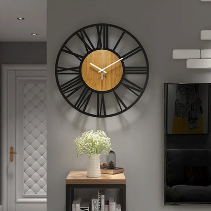 Metal and Wood Grain Retro Wall Clock with Roman Numerals - Homevalley.co.uk