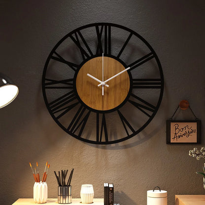 Metal and Wood Grain Retro Wall Clock with Roman Numerals - Homevalley.co.uk