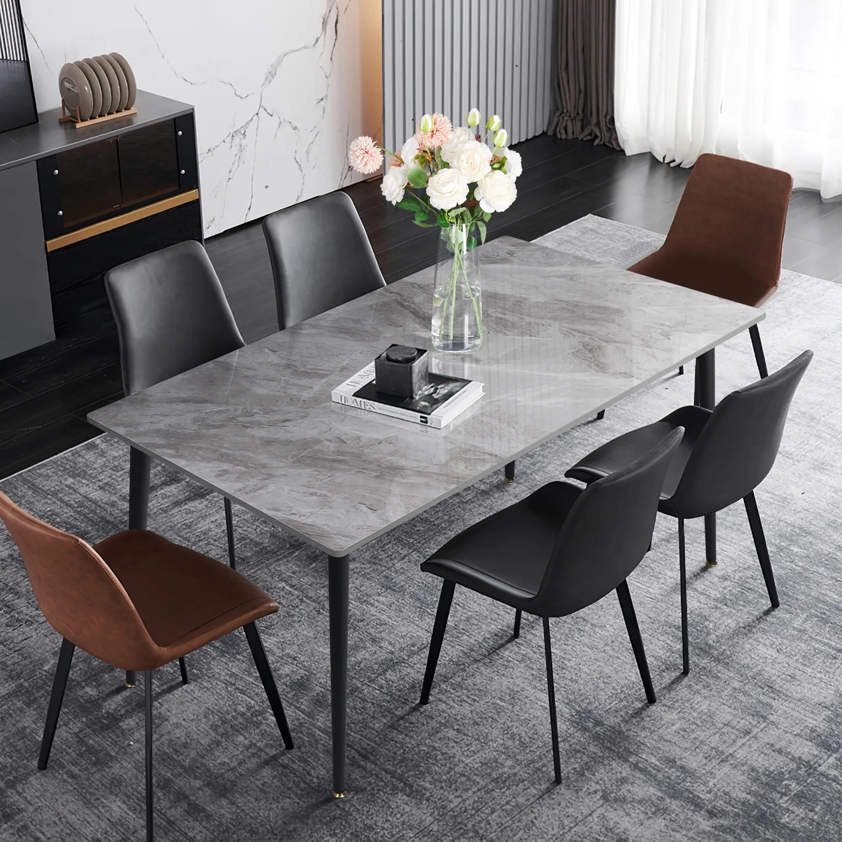 Modern Rectangle Kitchen Dining Table with Sintered Stone Top and Metal Legs - Homevalley.co.uk
