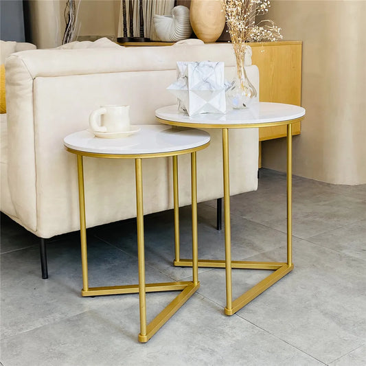Modern Round Marble Metal Base Nesting Set Side Accent Table - Homevalley.co.uk
