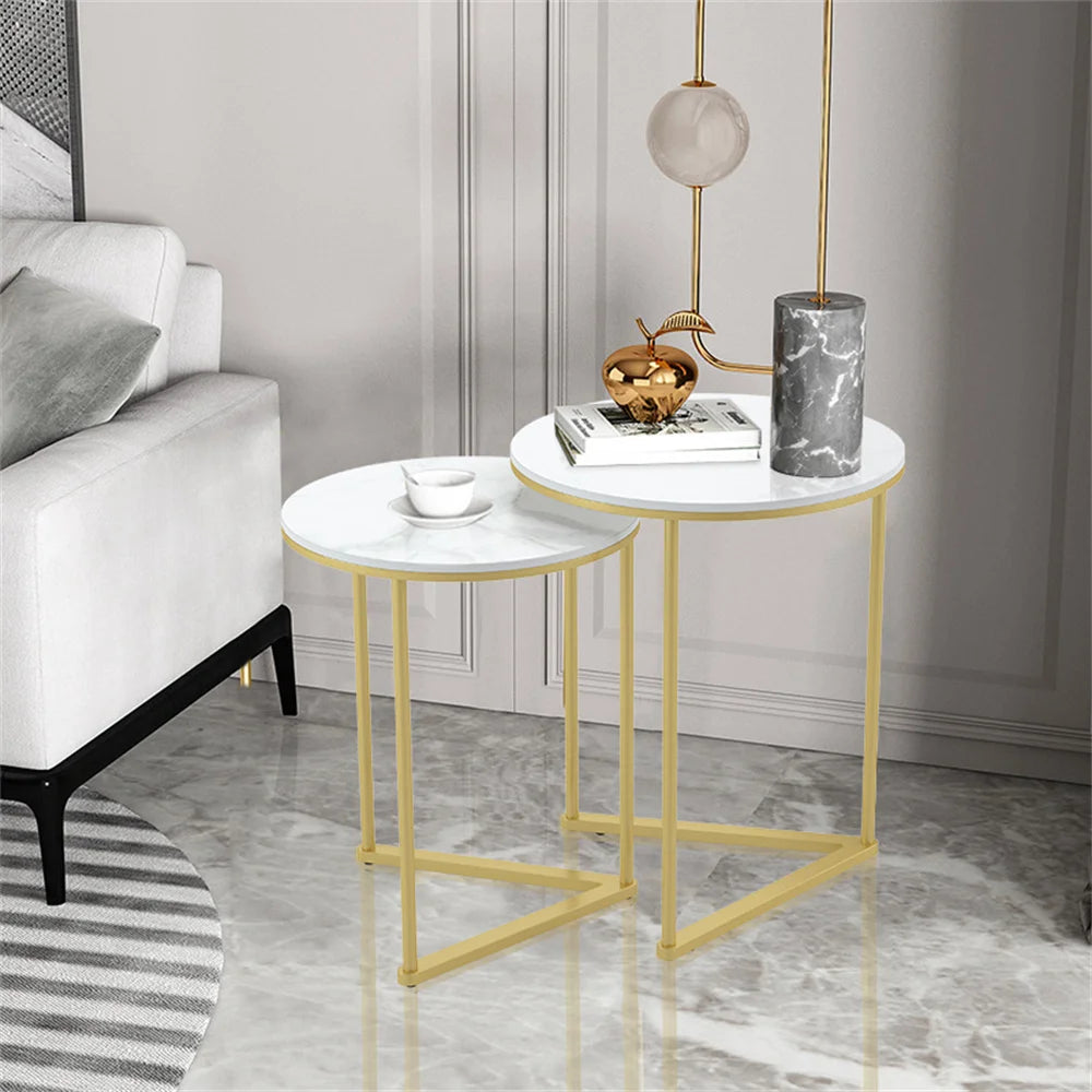 Modern Round Marble Metal Base Nesting Set Side Accent Table - Homevalley.co.uk