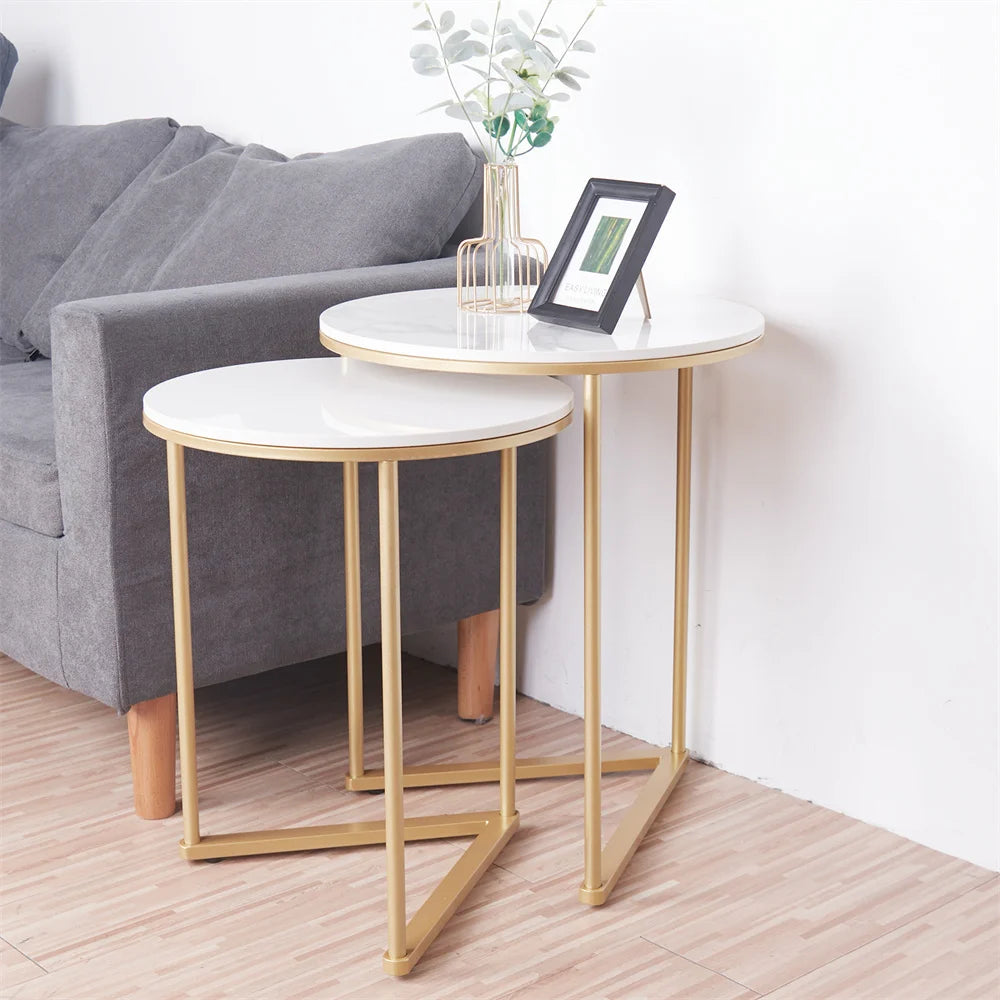 Modern Round Marble Metal Base Nesting Set Side Accent Table - Homevalley.co.uk