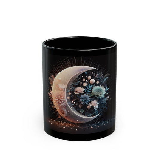 Moon and Flowers Black Coffee Mug,Tea Cup, Floral Mug, Gift for Her, Mother's Day, Gift Idea, (11oz, 15oz) - Homevalley.co.uk