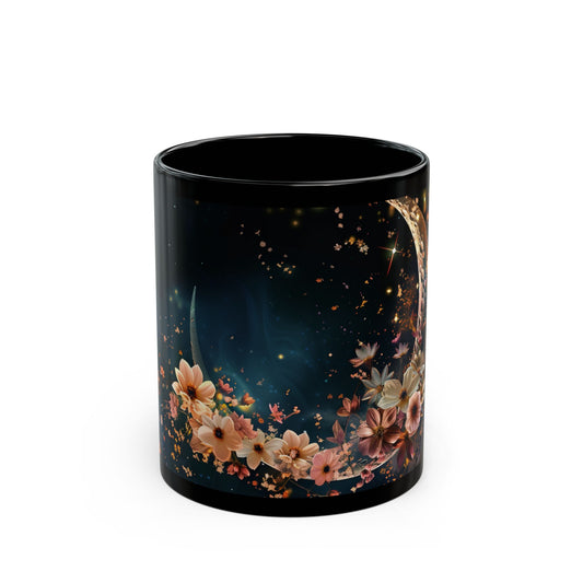 Moon, Moon Dust and Flowers Black Coffee Mug,Tea Cup, Floral Mug, Gift for Her, Mother's Day, Gift Idea(11oz, 15oz) - Homevalley.co.uk