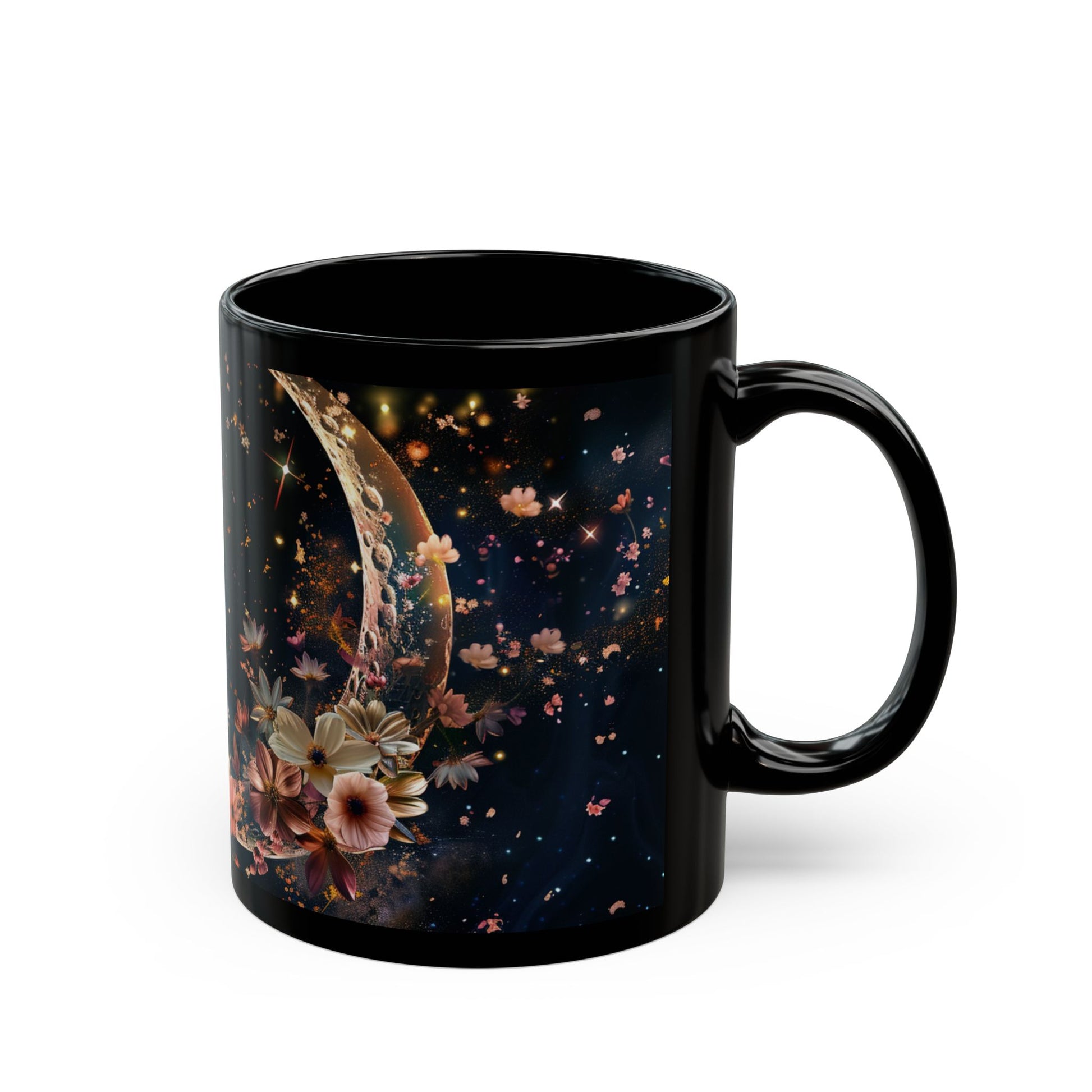 Moon, Moon Dust and Flowers Black Coffee Mug,Tea Cup, Floral Mug, Gift for Her, Mother's Day, Gift Idea(11oz, 15oz) - Homevalley.co.uk