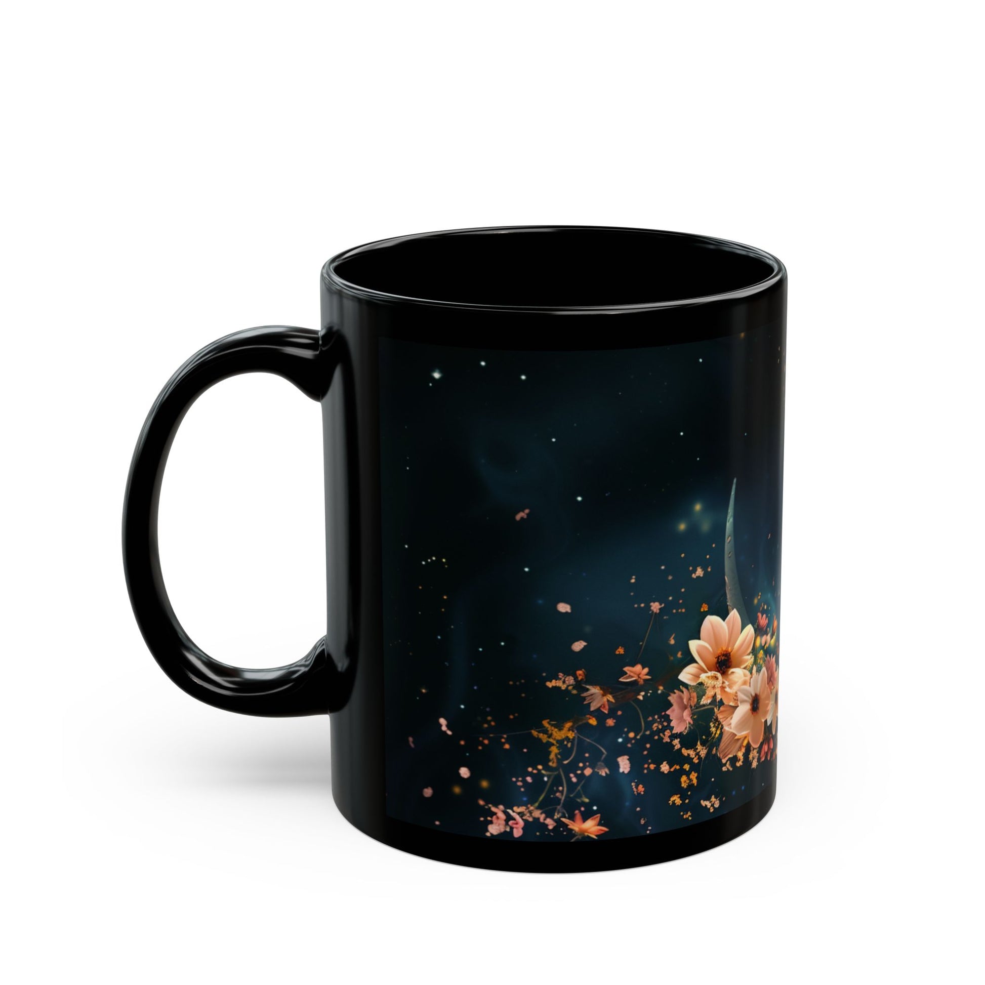 Moon, Moon Dust and Flowers Black Coffee Mug,Tea Cup, Floral Mug, Gift for Her, Mother's Day, Gift Idea(11oz, 15oz) - Homevalley.co.uk