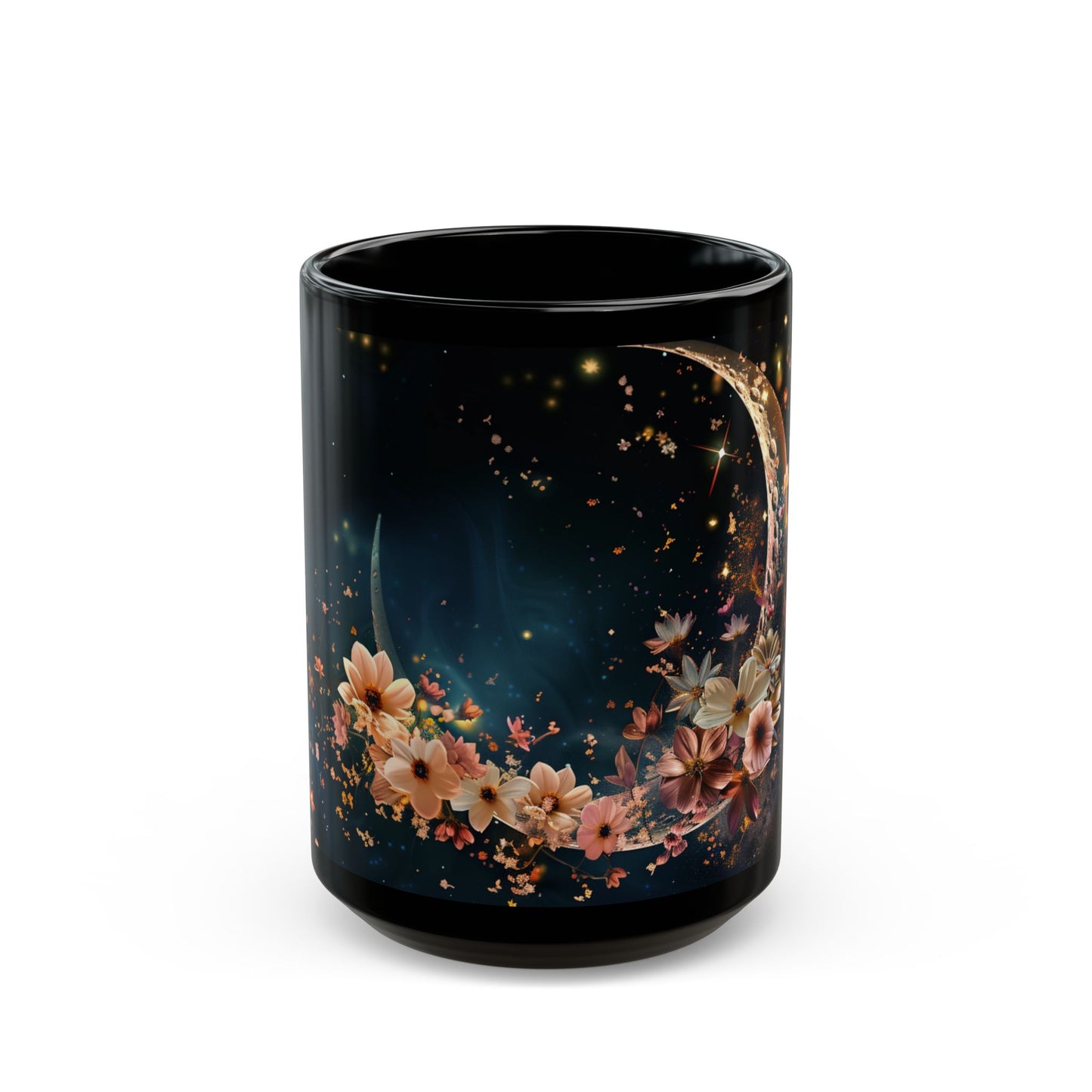 Moon, Moon Dust and Flowers Black Coffee Mug,Tea Cup, Floral Mug, Gift for Her, Mother's Day, Gift Idea(11oz, 15oz) - Homevalley.co.uk