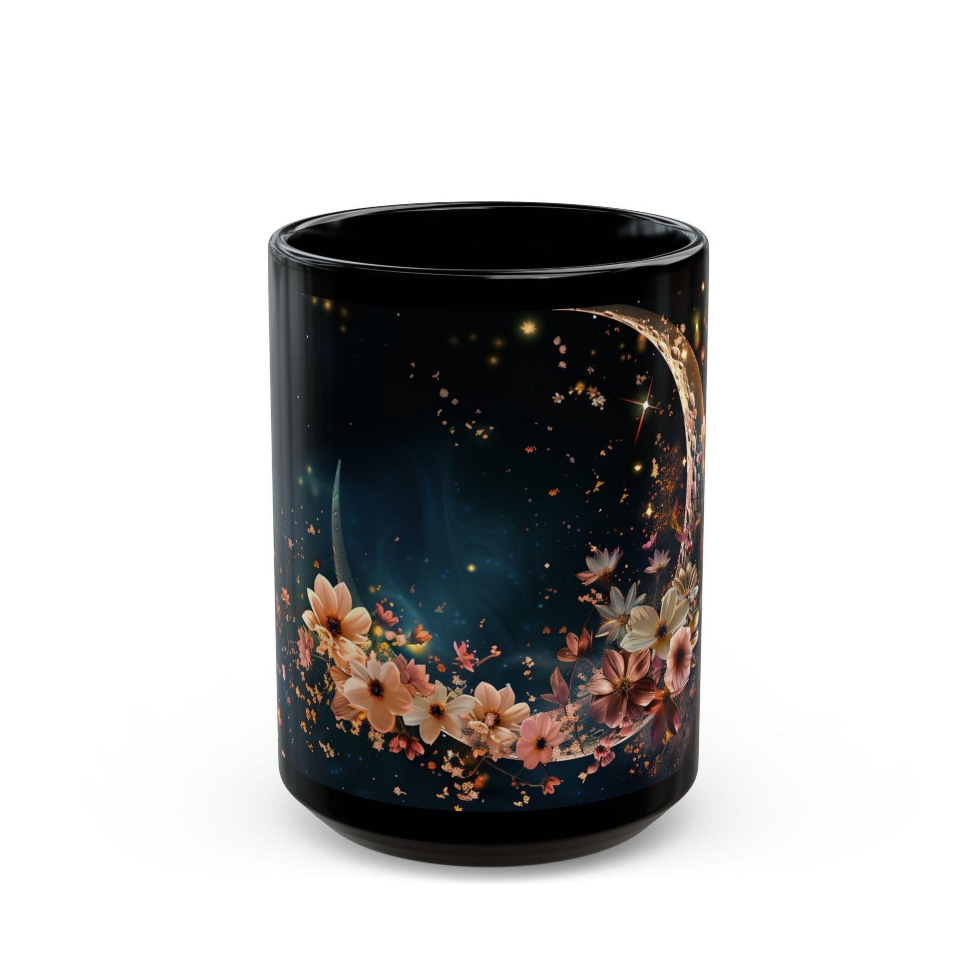 Moon, Moon Dust and Flowers Black Coffee Mug,Tea Cup, Floral Mug, Gift for Her, Mother's Day, Gift Idea(11oz, 15oz) - Homevalley.co.uk