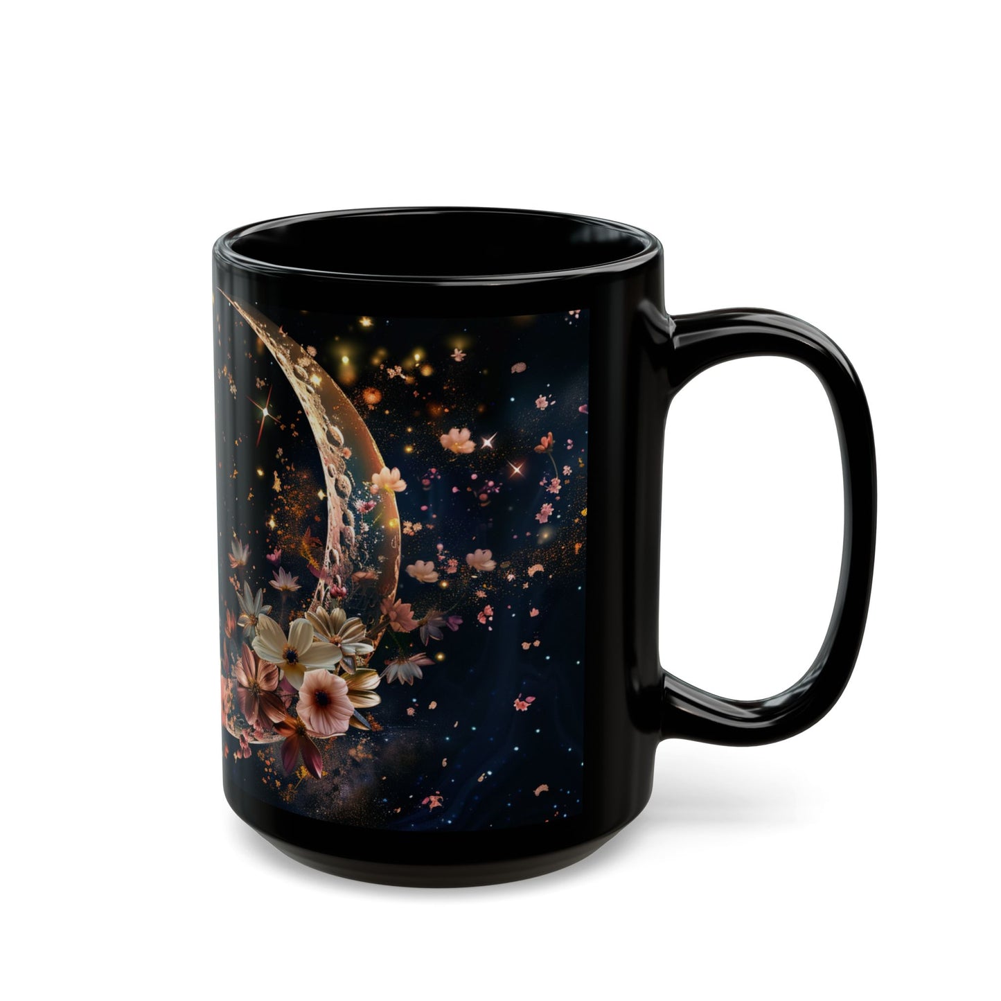 Moon, Moon Dust and Flowers Black Coffee Mug,Tea Cup, Floral Mug, Gift for Her, Mother's Day, Gift Idea(11oz, 15oz) - Homevalley.co.uk