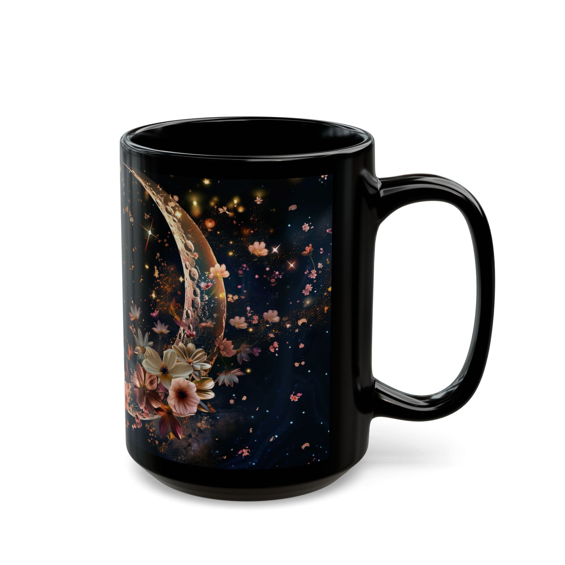Moon, Moon Dust and Flowers Black Coffee Mug,Tea Cup, Floral Mug, Gift for Her, Mother's Day, Gift Idea(11oz, 15oz) - Homevalley.co.uk