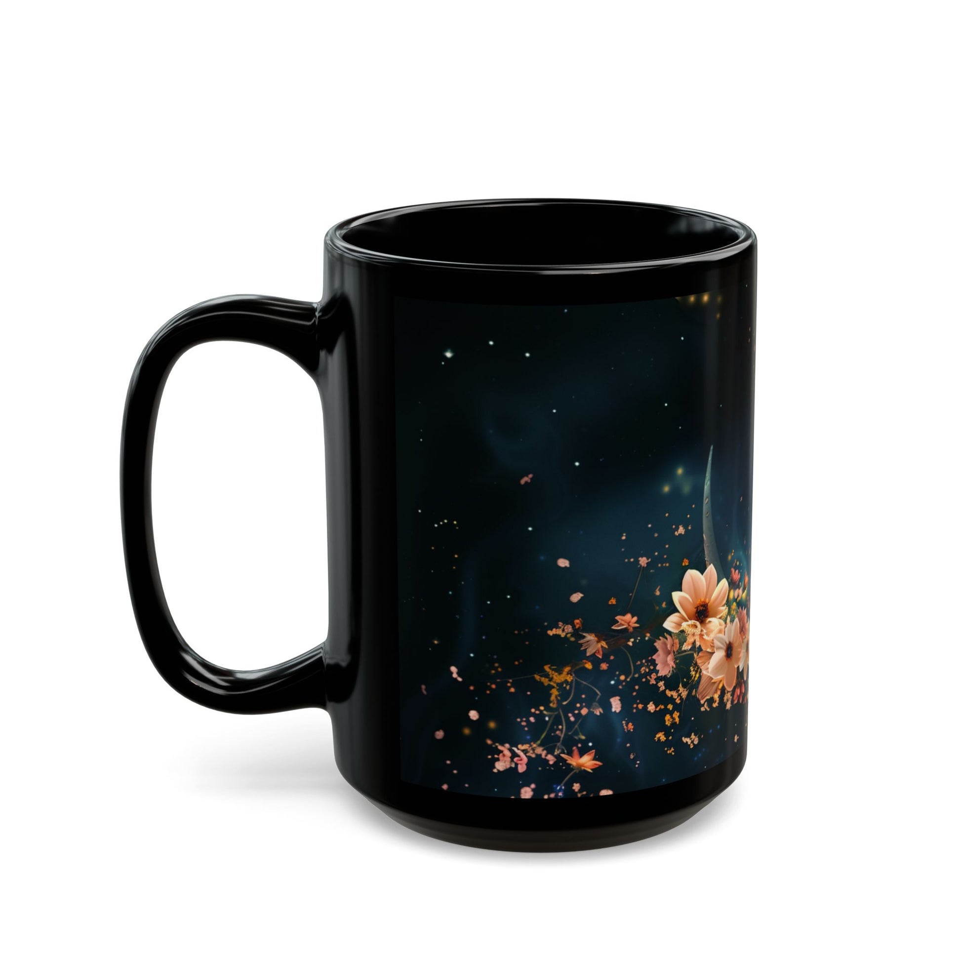 Moon, Moon Dust and Flowers Black Coffee Mug,Tea Cup, Floral Mug, Gift for Her, Mother's Day, Gift Idea(11oz, 15oz) - Homevalley.co.uk