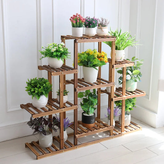 Multi - Tiered Carbonized Wood Plant Stand Display, 9 Tier - Homevalley.co.uk