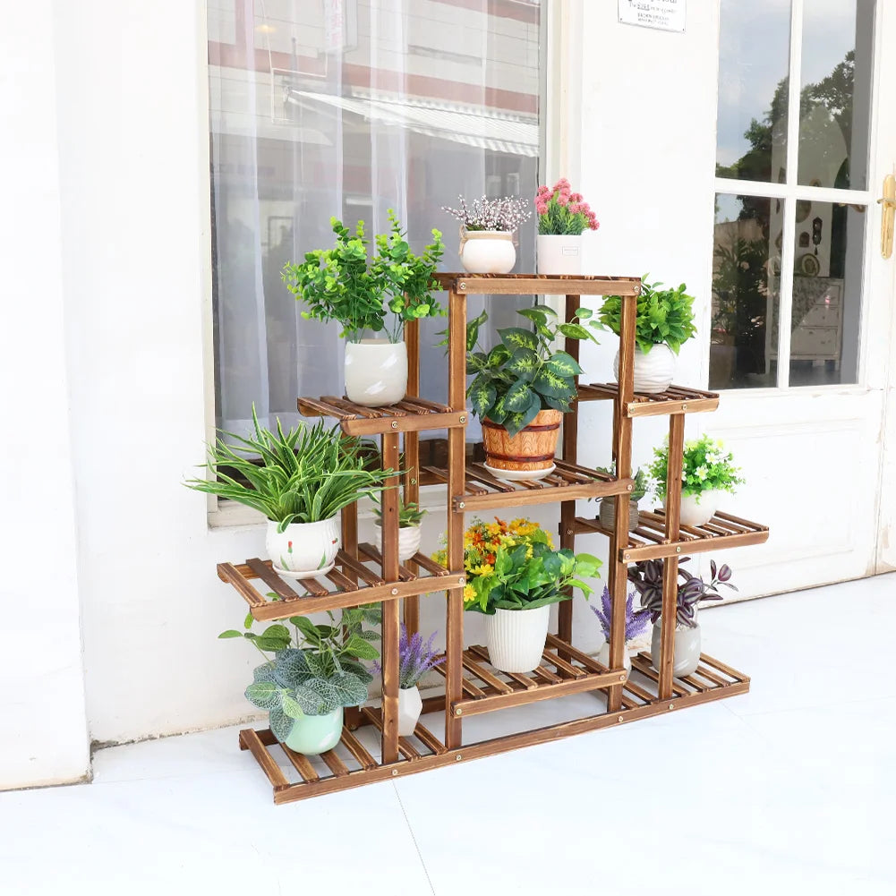 Multi - Tiered Carbonized Wood Plant Stand Display, 9 Tier - Homevalley.co.uk