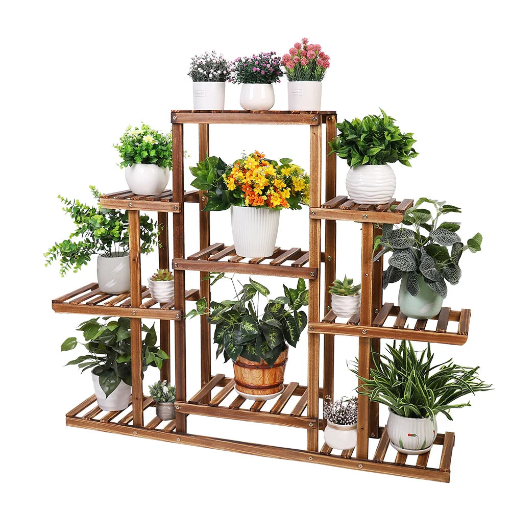 Multi - Tiered Carbonized Wood Plant Stand Display, 9 Tier - Homevalley.co.uk