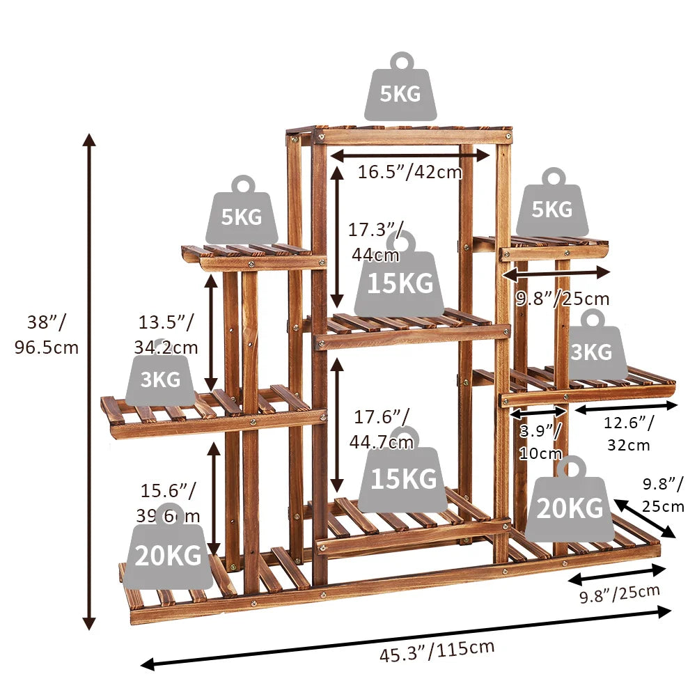 Multi - Tiered Carbonized Wood Plant Stand Display, 9 Tier - Homevalley.co.uk