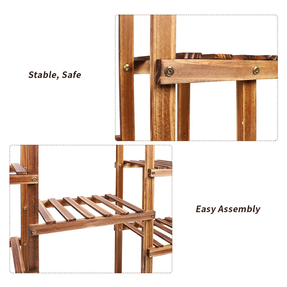 Multi - Tiered Carbonized Wood Plant Stand Display, 9 Tier - Homevalley.co.uk