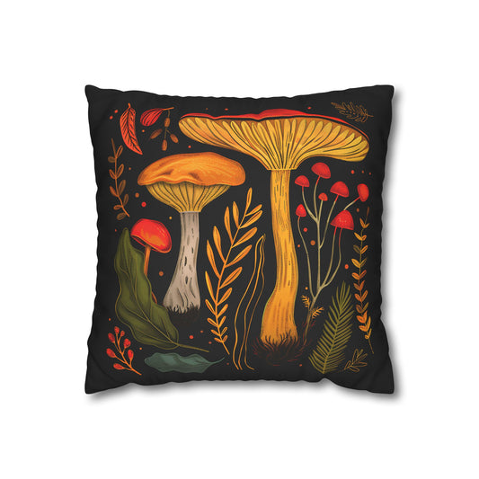 Mushroom Square Pillowcase, Mushroom Decor, Cottagecore Pillowcase, Flowers and Mushroom, Mystical Mushroom Haven - Homevalley.co.uk