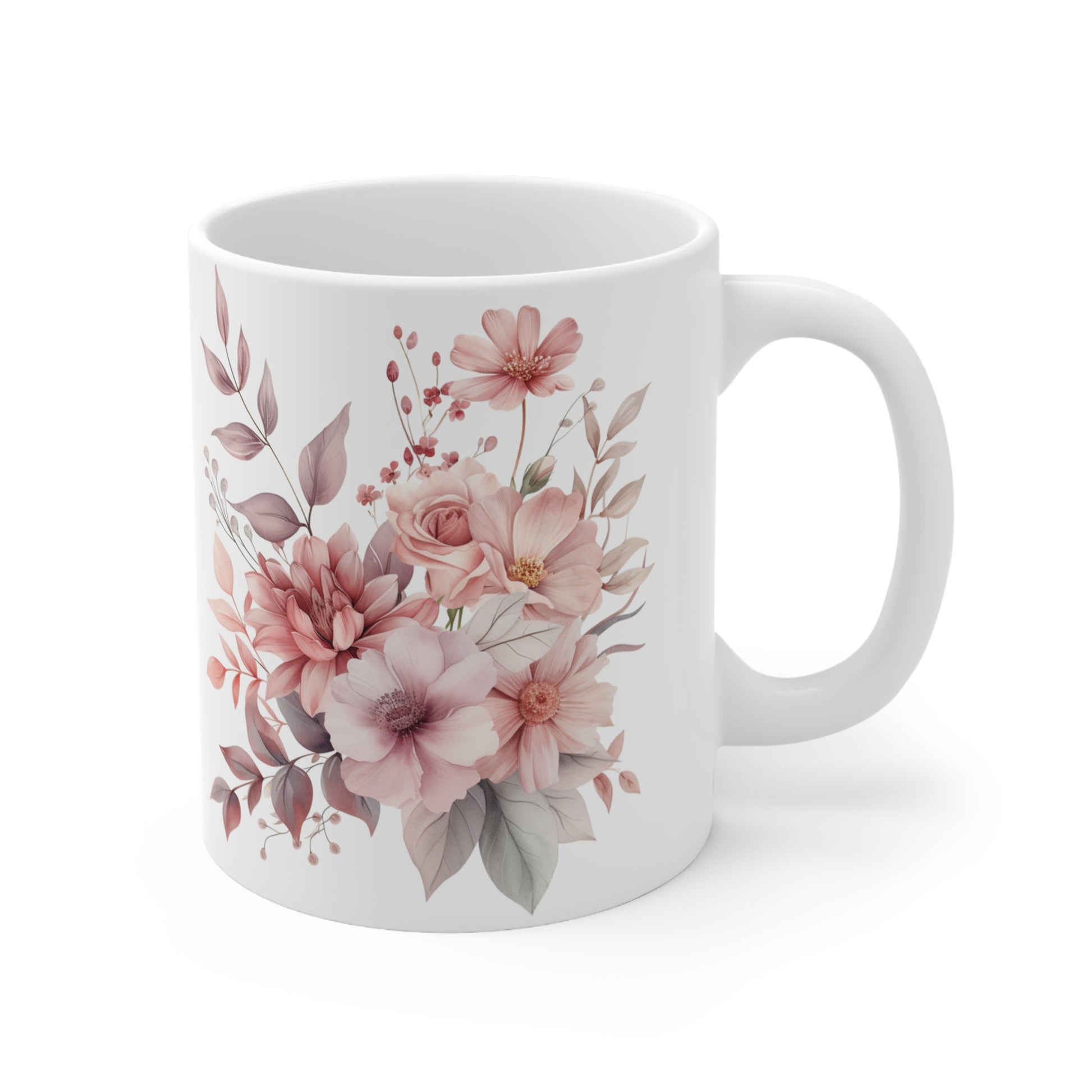Pink Floral Design White Ceramic Coffee Mug, Floral Coffee Cup, Gift for Her, Mother's day, Gift Idea,11oz - Homevalley.co.uk