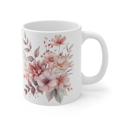Pink Floral Design White Ceramic Coffee Mug, Floral Coffee Cup, Gift for Her, Mother's day, Gift Idea,11oz - Homevalley.co.uk