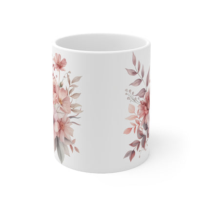 Pink Floral Design White Ceramic Coffee Mug, Floral Coffee Cup, Gift for Her, Mother's day, Gift Idea,11oz - Homevalley.co.uk