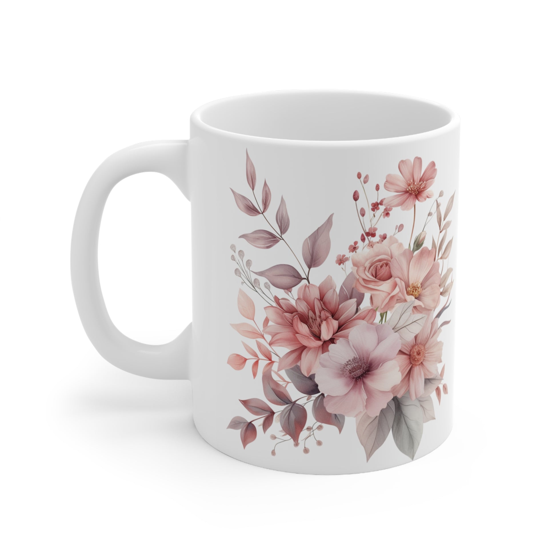 Pink Floral Design White Ceramic Coffee Mug, Floral Coffee Cup, Gift for Her, Mother's day, Gift Idea,11oz - Homevalley.co.uk