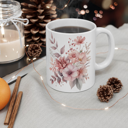 Pink Floral Design White Ceramic Coffee Mug, Floral Coffee Cup, Gift for Her, Mother's day, Gift Idea,11oz - Homevalley.co.uk