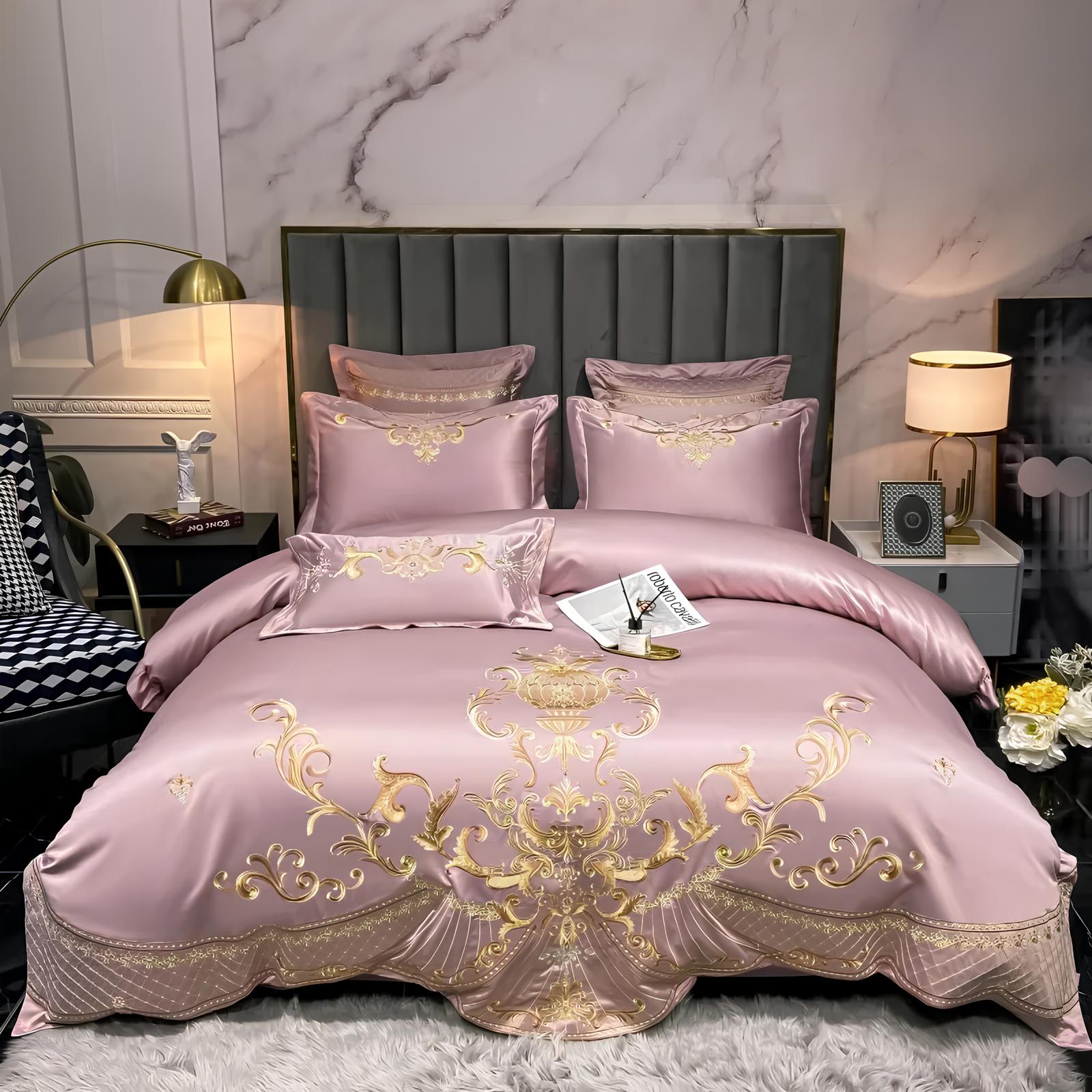 Pink Luxury Royal Gold Embroidery Glossy Cotton Bedding Set, 400TC - Homevalley.co.uk