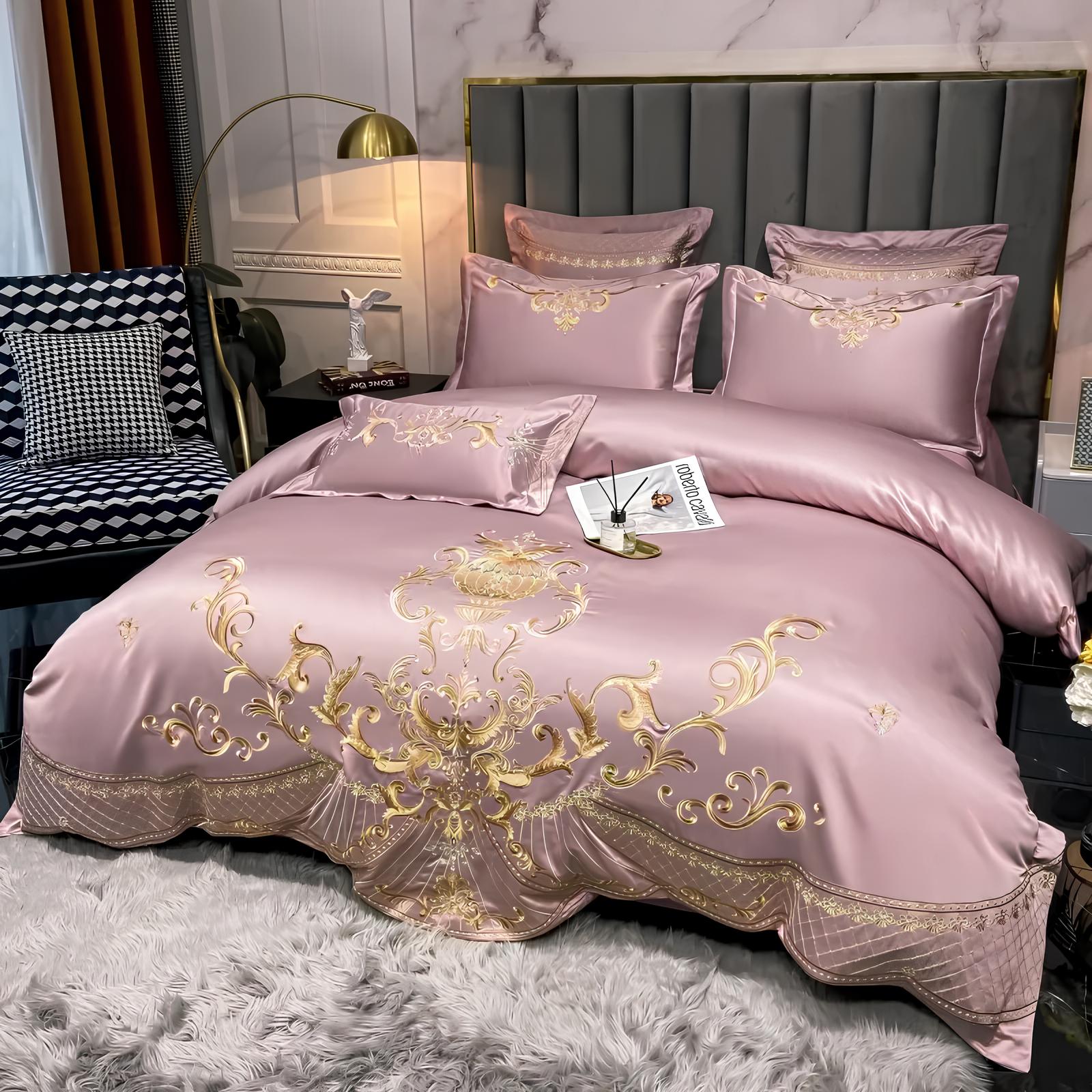 Pink Luxury Royal Gold Embroidery Glossy Cotton Bedding Set, 400TC - Homevalley.co.uk