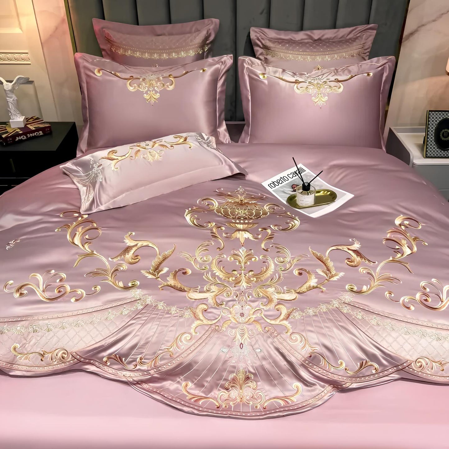 Pink Luxury Royal Gold Embroidery Glossy Cotton Bedding Set, 400TC - Homevalley.co.uk