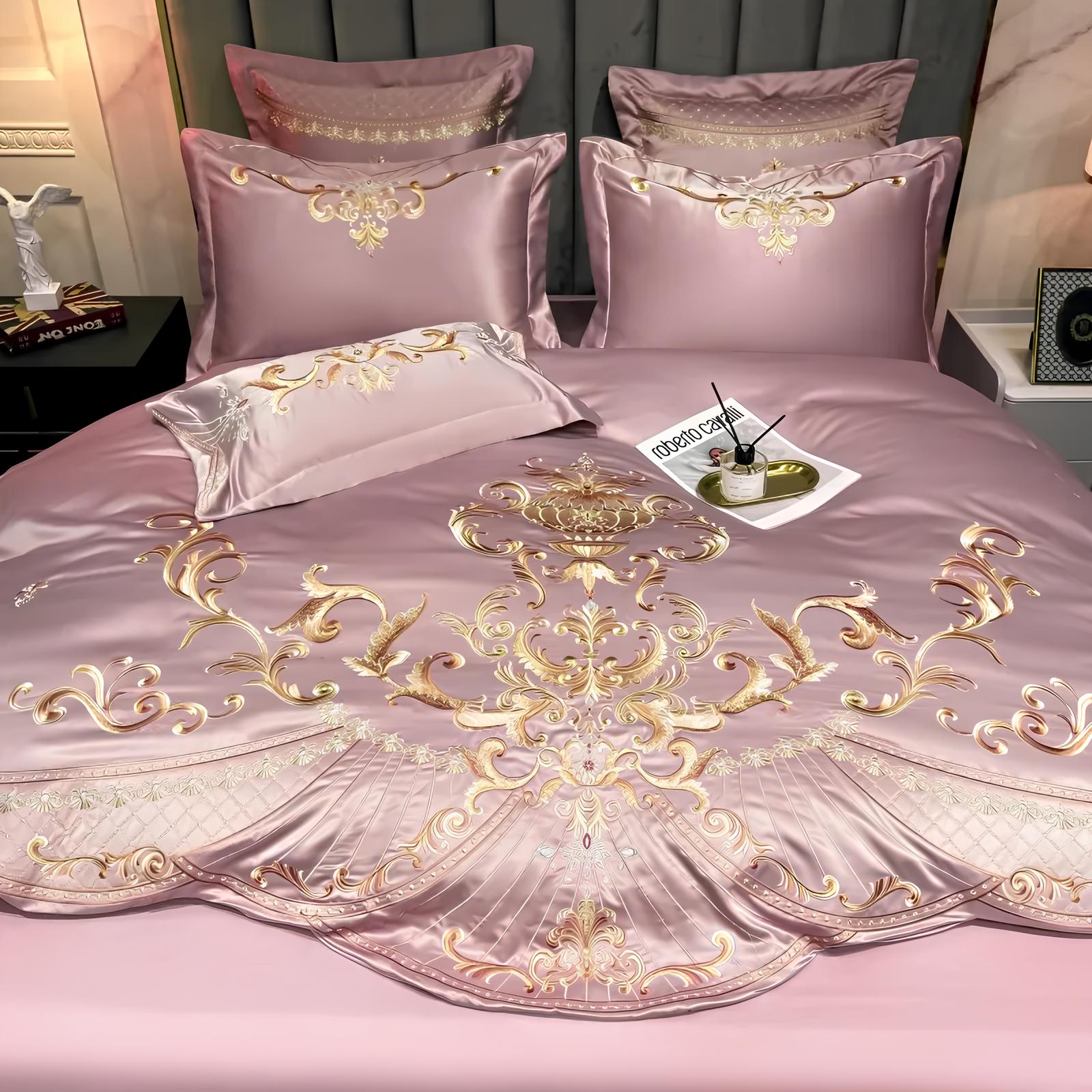 Pink Luxury Royal Gold Embroidery Glossy Cotton Bedding Set, 400TC - Homevalley.co.uk