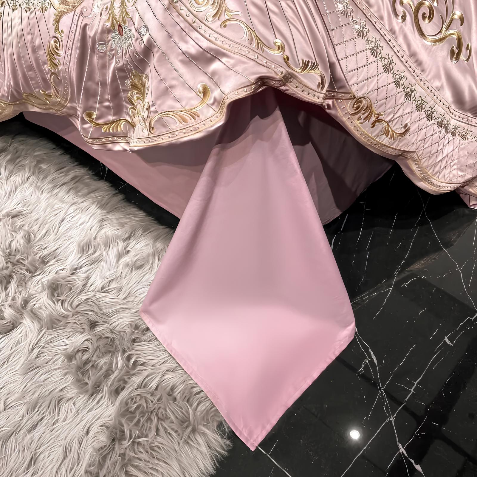Pink Luxury Royal Gold Embroidery Glossy Cotton Bedding Set, 400TC - Homevalley.co.uk