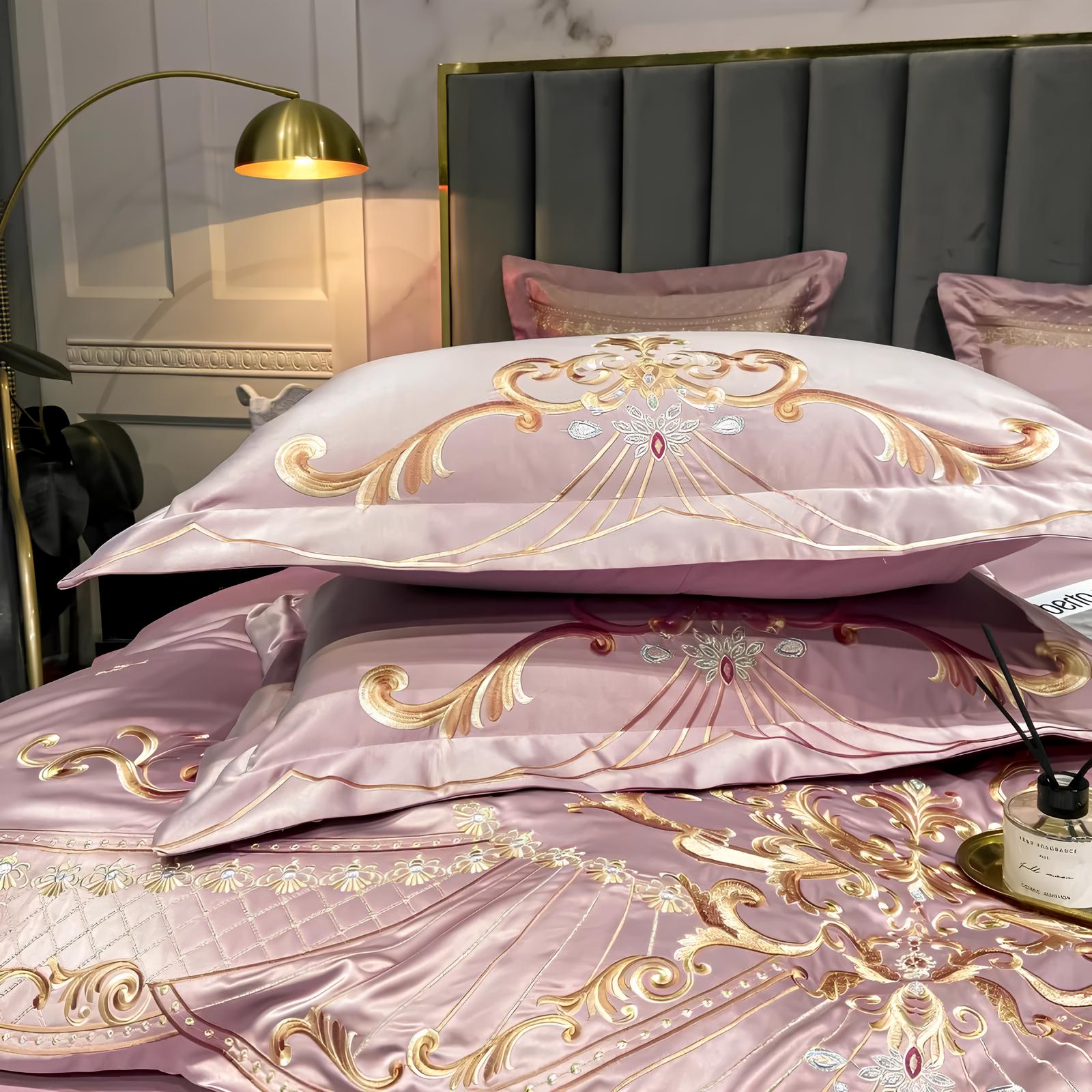 Pink Luxury Royal Gold Embroidery Glossy Cotton Bedding Set, 400TC - Homevalley.co.uk