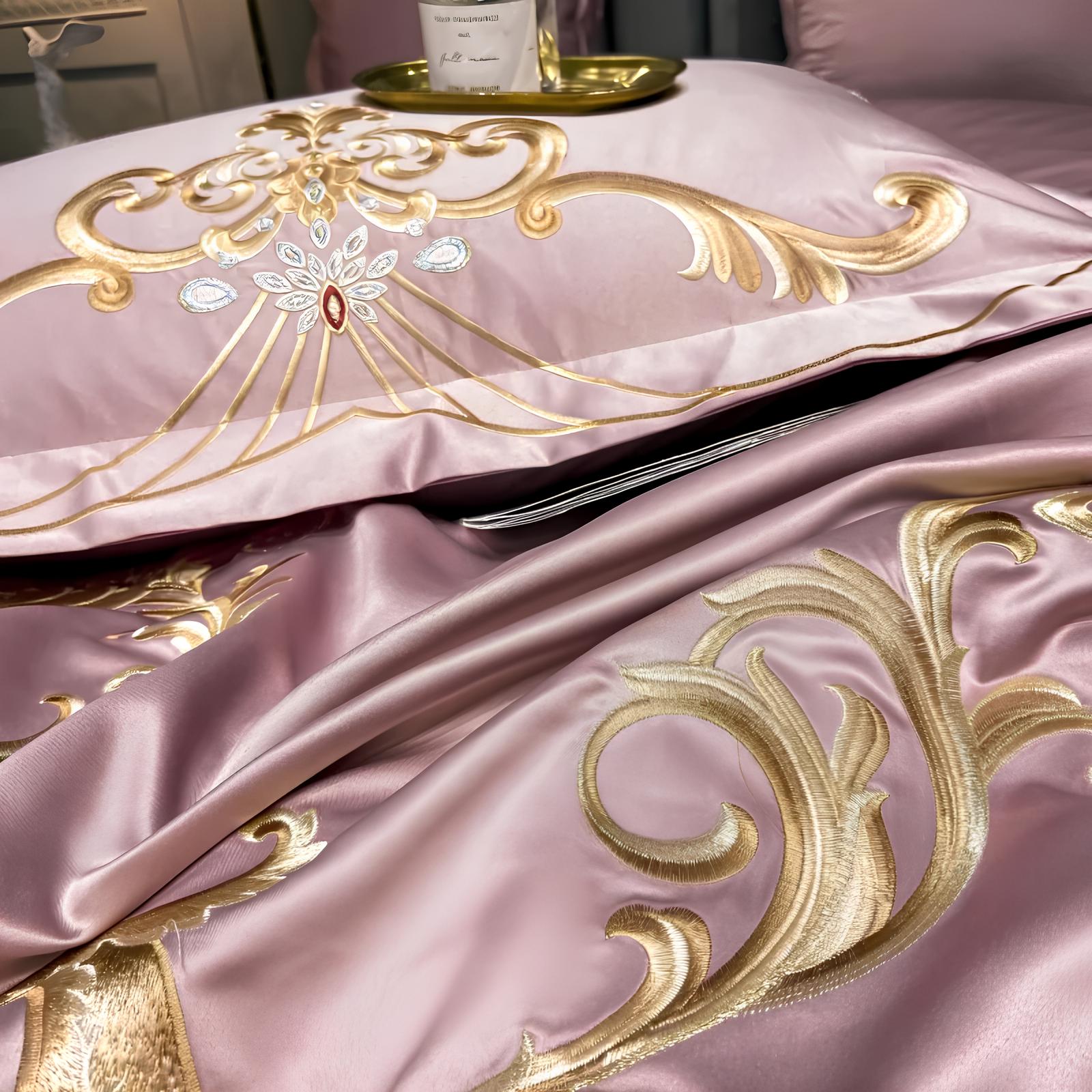 Pink Luxury Royal Gold Embroidery Glossy Cotton Bedding Set, 400TC - Homevalley.co.uk