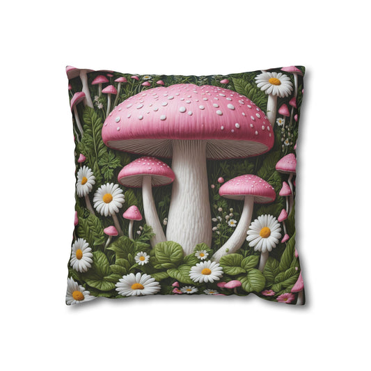 Pink Mushroom Square Pillowcase, Mushroom Decor, Cottagecore Pillowcase, Flowers and Mushroom, Mystical Mushroom Haven - Homevalley.co.uk