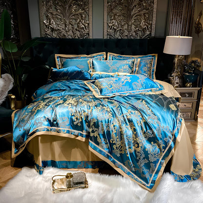 Premium Aqua Blue Jacquard Duvet Set 4Pcs - Homevalley.co.uk