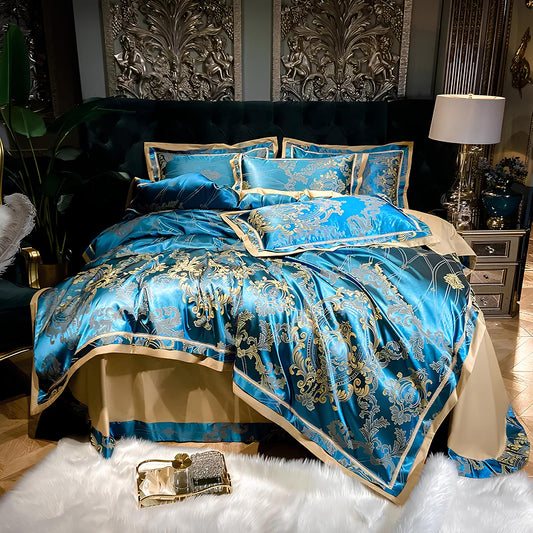 Premium Aqua Blue Jacquard Duvet Set 4Pcs - Homevalley.co.uk