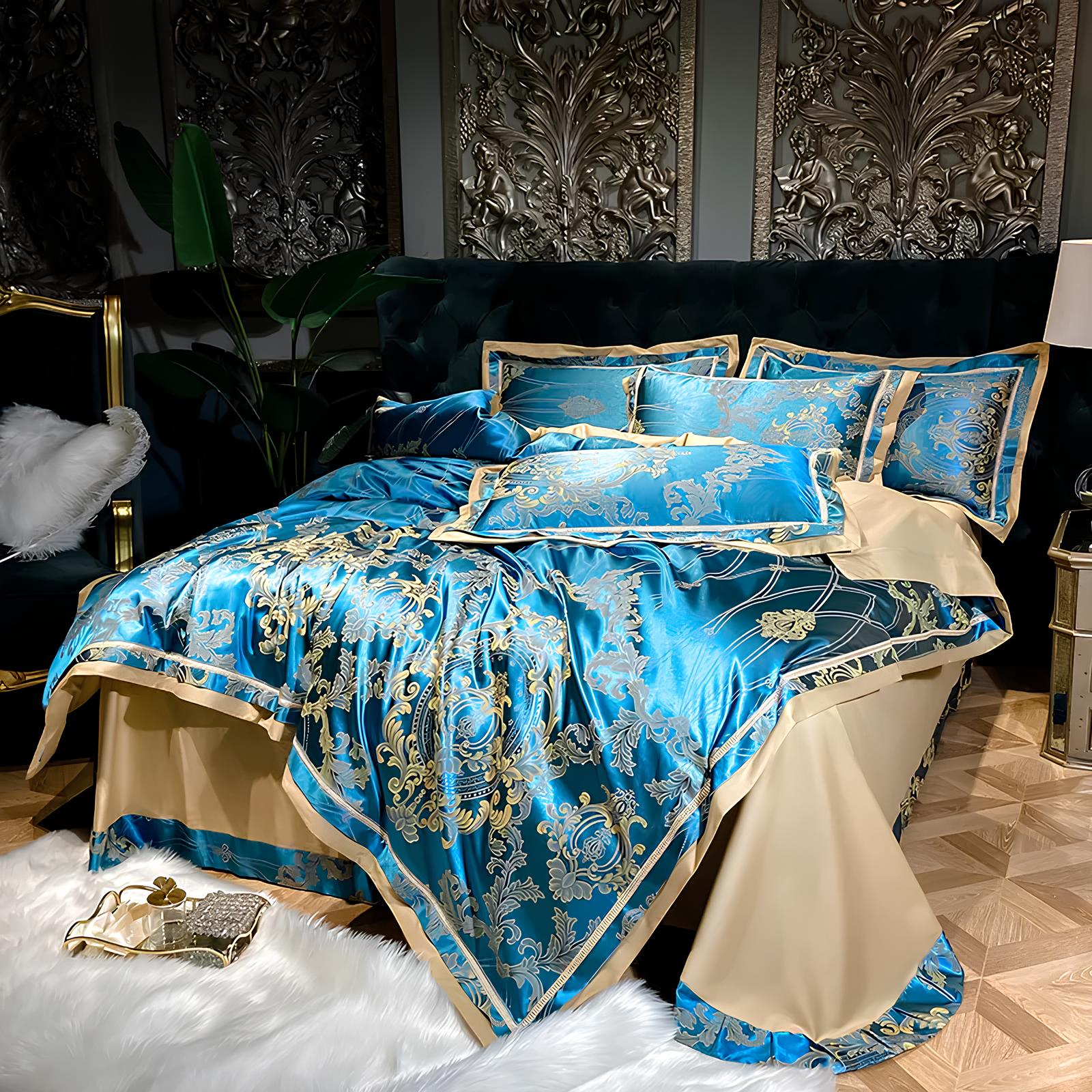 Premium Aqua Blue Jacquard Duvet Set 4Pcs - Homevalley.co.uk