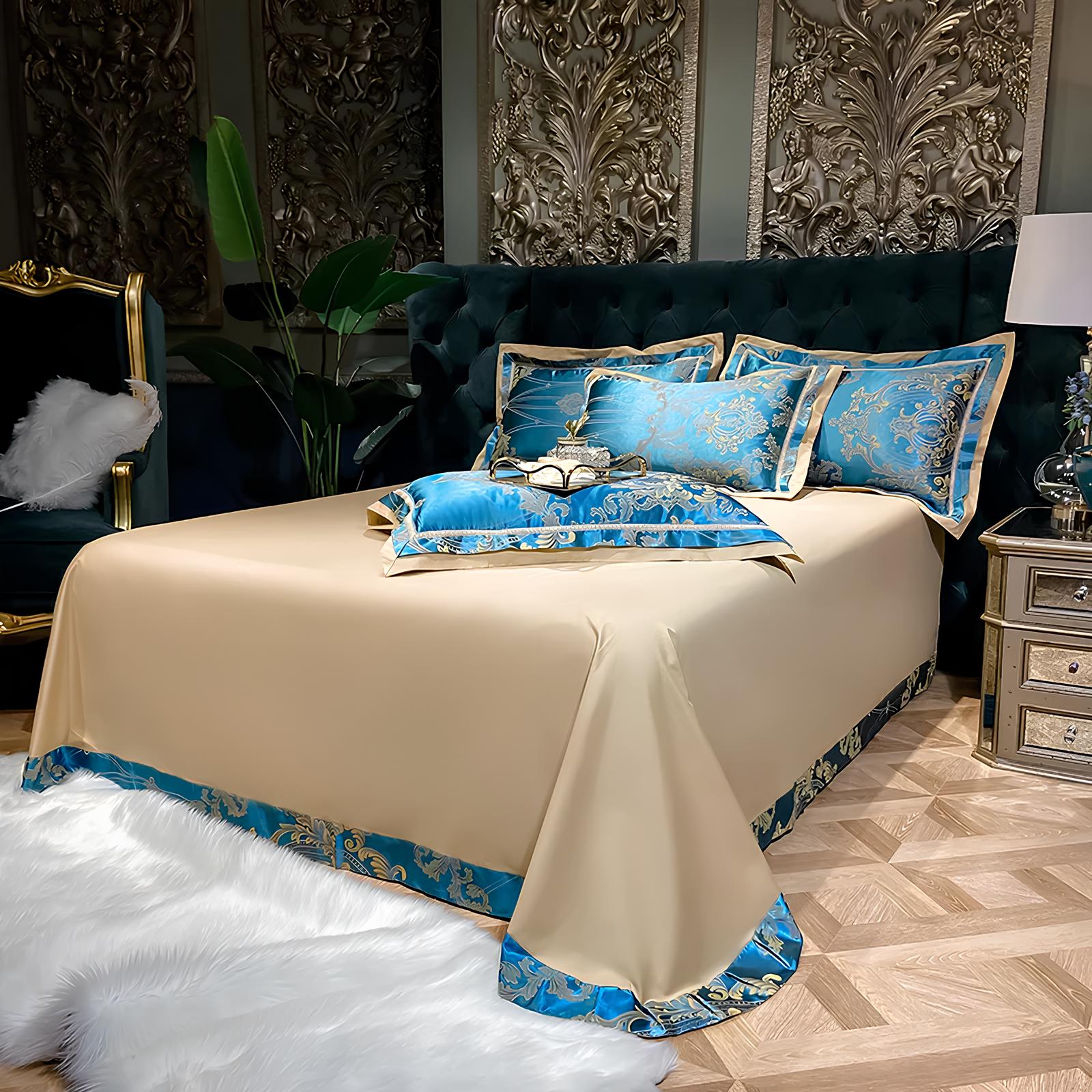 Premium Aqua Blue Jacquard Duvet Set 4Pcs - Homevalley.co.uk