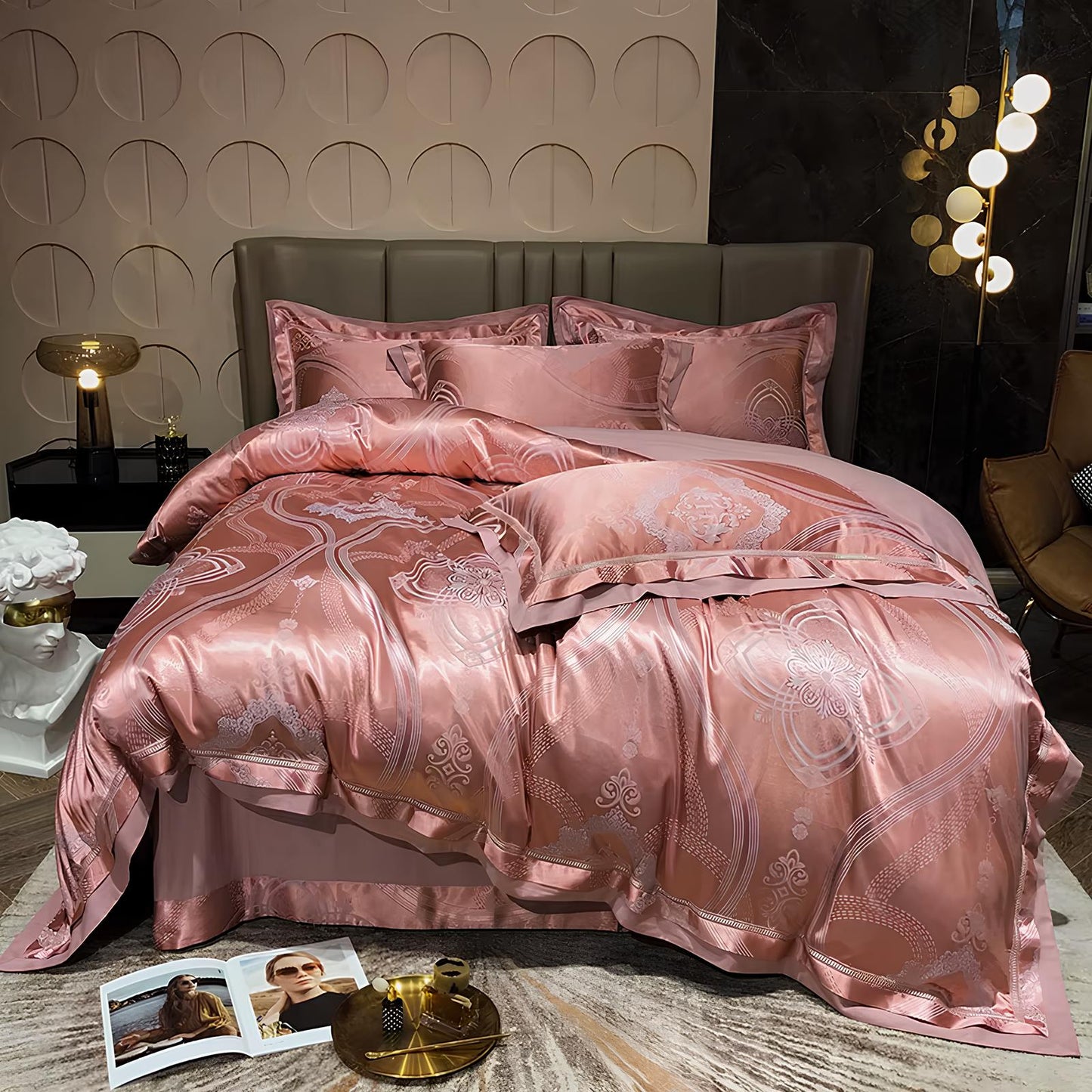 Premium Coral Pink Jacquard Duvet Set - Homevalley.co.uk