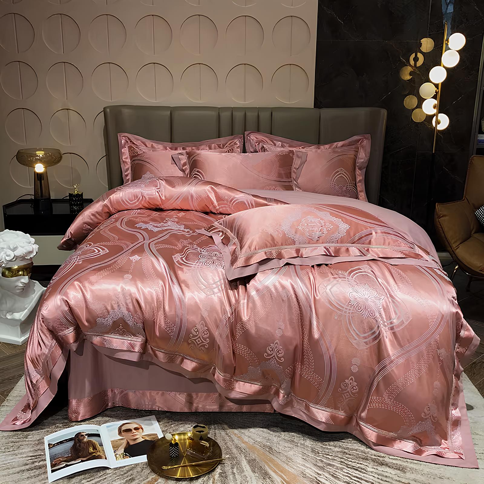 Premium Coral Pink Jacquard Duvet Set - Homevalley.co.uk