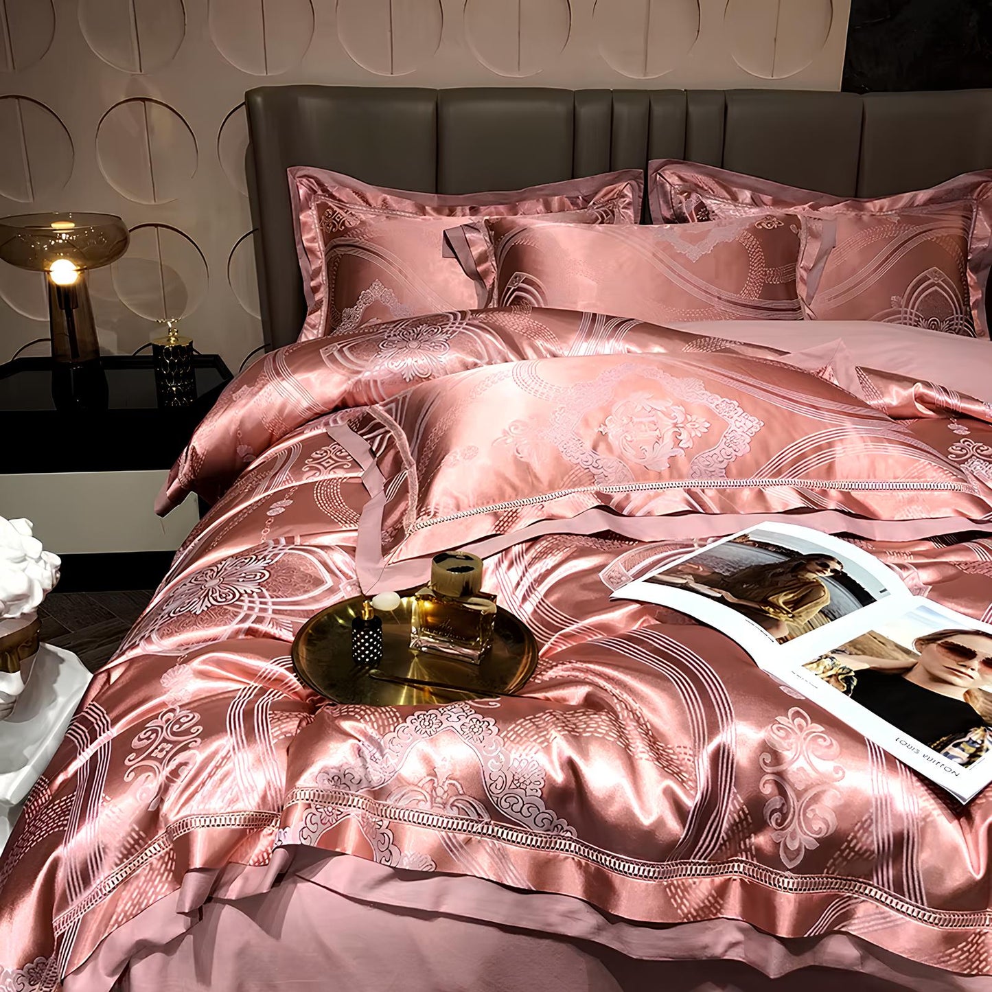 Premium Coral Pink Jacquard Duvet Set - Homevalley.co.uk