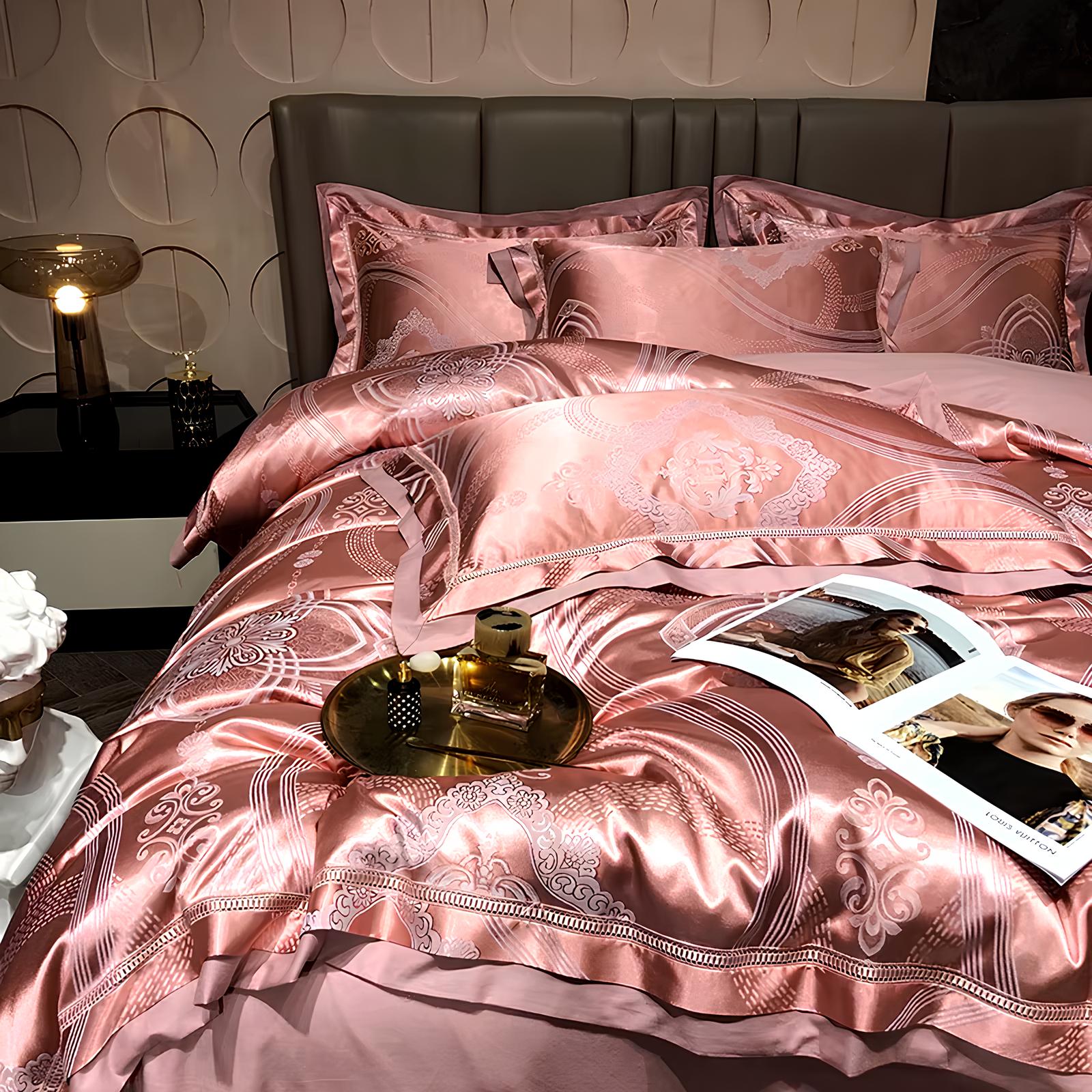 Premium Coral Pink Jacquard Duvet Set - Homevalley.co.uk