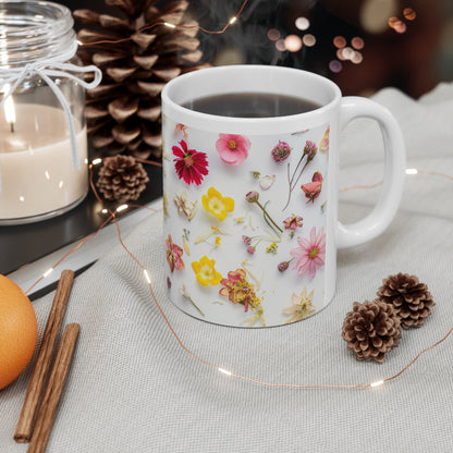 Pressed Flowers Design Ceramic Coffee Mug, Floral Coffee Cup, Botanical Tea Cup, 11oz - Homevalley.co.uk