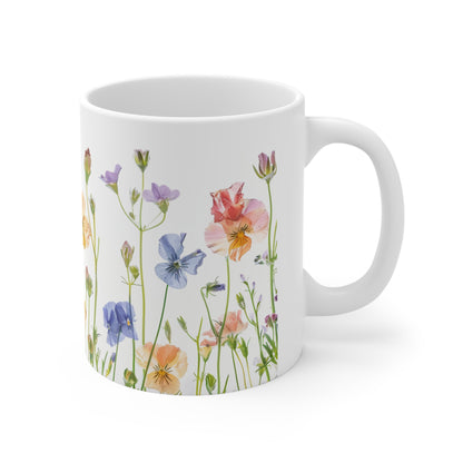 Pressed Flowers Mug, Boho Wildflowers, Cottage Coffee Mug, Vintage Botanical Tea Cup, Pastel Floral Tea Mug, 11oz - Homevalley.co.uk