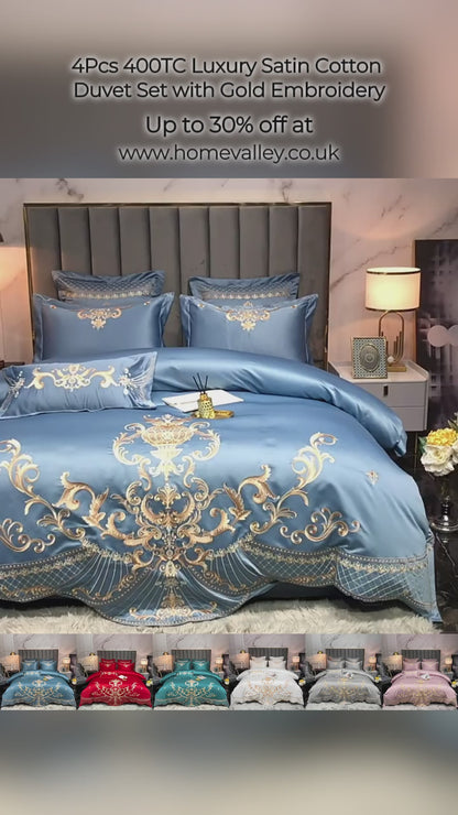 Pink Luxury Royal Gold Embroidery Glossy Cotton Bedding Set, 400TC