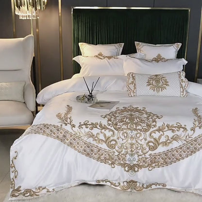 4- 5Pcs Luxury White Satin Cotton with Royal Gold Embroidery Duvet Set, 600TC