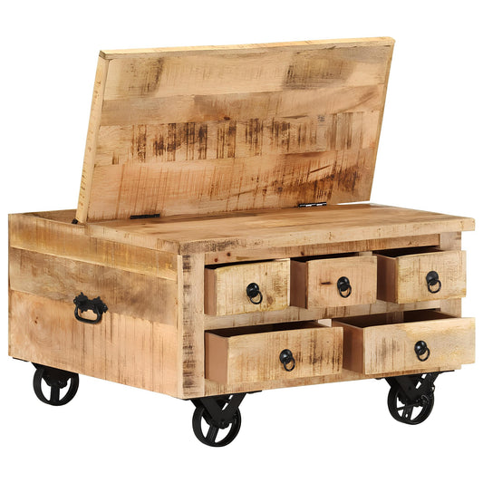 Raw Mango Wood Coffee Table on Wheels with Drawers - Homevalley.co.uk
