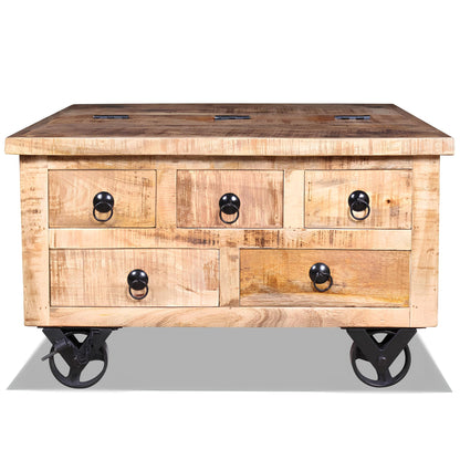 Raw Mango Wood Coffee Table on Wheels with Drawers - Homevalley.co.uk